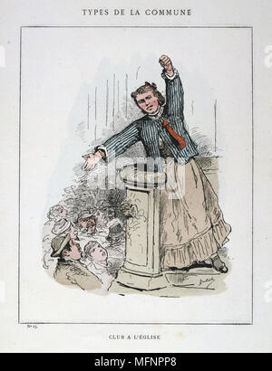Pariser Kommune 26 März-28 Mai 1871. Gemeinde Typen: Bürger delegieren das Tragen der roten Bänder von ihrem Büro Adressierung Mitglieder einer Gemeinde Club in einem Requiriert Kirche. Stockfoto