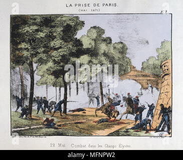 Pariser Kommune 26 März-28 Mai 1871. Die Blutige Woche: Kampf im Champs Elysees zwischen Communades und reguläre Regierungstruppen, Versailles, 22. Mai 1871. Farbige Lithographie. Stockfoto