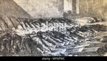 Pariser Kommune 26 März-28 Mai 1871. Körper des Toten communades vorübergehend in einem leichenschauhaus nach Regierungstruppen die Kontrolle über Paris wieder nach dem, was als die blutige Woche bekannt wurde. Holzstich. Stockfoto