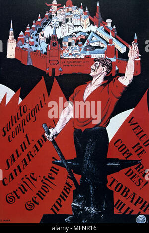 Kameraden Herzlich Willkommen! Lang lebe der Dritten Internationale', 1920. Die sowjetische Propaganda Poster von Dmitri Moor (orlov). Russland UDSSR Kommunismus Kommunistische Stockfoto