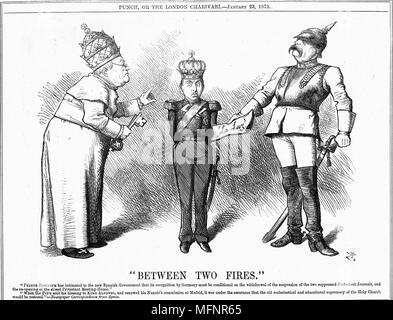 Zwischen zwei Feuern': Alfonso XII (1837-1885) König von Spanien von 1874, erklärte der Bundeskanzler, Bismarck, dass Anerkennung durch Deutschland über Spanien hing die Wiedereröffnung der Evangelischen Haus der Begegnung und der Publikation von zwei verboten Protestanr Publikationen. Stockfoto