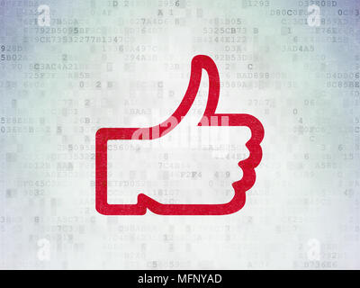 Social-Media-Konzept: Thumb Up auf digitale Daten Papierhintergrund Stockfoto