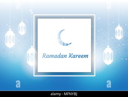 Ramadan Kareem schöne Grußkarte. Ramadan Kareem Hintergrund mit Mond, Sterne, Laterne, Moschee in den Wolken. Stock Vektor