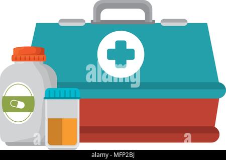 Medizinische Box mit Flaschen Drogen Vector Illustration Design Stock Vektor