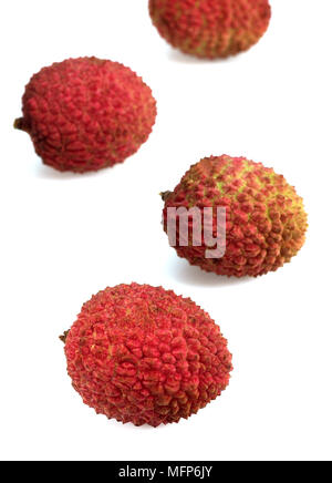 Litschi oder Litchee, Litchi Sinensis, exotische Früchte vor weißem Hintergrund Stockfoto