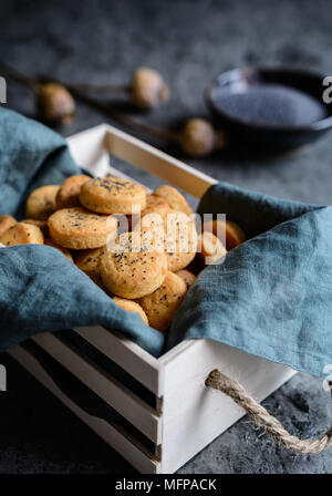 Gebackenen herzhaften Cheddar Käse, Cracker bestreut mit Mohn Stockfoto