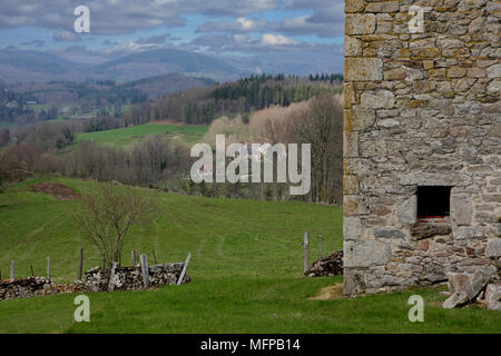 Blick über die hügelige Landschaft der Limousin mit einem kleinen Obstgarten und im zeitigen Frühjahr. Stockfoto