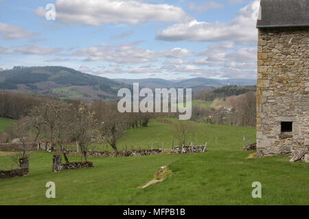 Blick über die hügelige Landschaft der Limousin mit einem kleinen Obstgarten und im zeitigen Frühjahr. Stockfoto