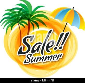 Die gelbe abstrakt Sonne mit dem Summer Sale Text. Palmen ein Stock Vektor
