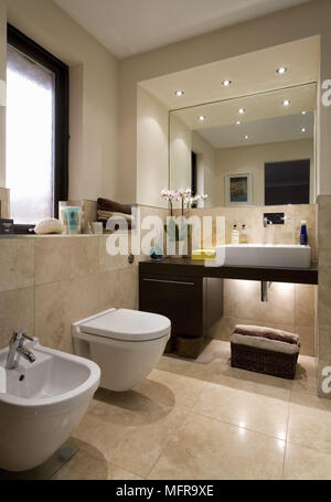 Spiegel über dem Waschbecken auf Regal in modernes Bad mit WC und Bidet unten Fenster eingestellt Stockfoto