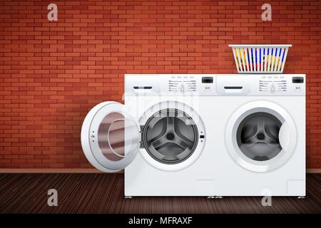 Wäscheraum mit zwei Waschmaschinen auf Red brick wall Hintergrund. Das Konzept der moderne Geräte für Home Wäsche- und Haushaltsgeräte Stock Vektor