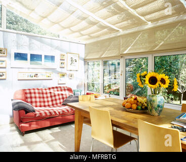 Wintergarten mit Esstisch und Stühlen, gepolsterten Sofa und römische Farbtöne über Glas, Dach und Fenster. Stockfoto