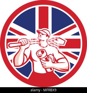 Symbol Retro Stil Abbildung eines Britischen drainlayer, Entwässerung Specialist oder Bauarbeiter mit Schaufel und Leitung mit Vereinigtes Königreich Großbritannien, Tolle Stock Vektor