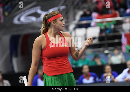 Minsk, Weißrussland. 22. April, 2018. Aryna Sabalenka (BLR) während einer FedCup gegen Anna Karolina Schmiedlova (SVK) an Chizhovka Arena in Minsk, Belarus gespielt wird Stockfoto