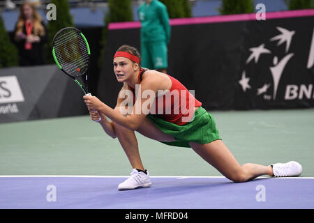 Minsk, Weißrussland. 22. April, 2018. Aryna Sabalenka (BLR) während einer FedCup gegen Anna Karolina Schmiedlova (SVK) an Chizhovka Arena in Minsk, Belarus gespielt wird Stockfoto