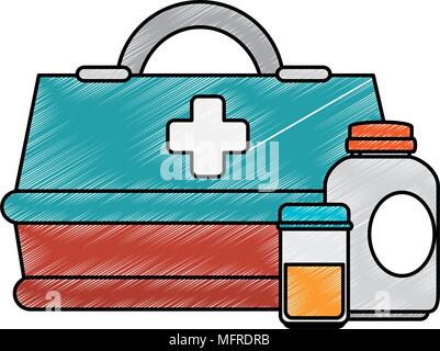 Medizinische Box mit Flaschen Drogen Vector Illustration Design Stock Vektor