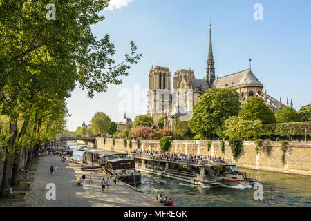 Pariser und Touristen machen die meisten Frühling eine Reise auf einem Flussschiff zu nehmen oder entlang der Seine vor der Kathedrale Notre-Dame de Paris entfernt. Stockfoto