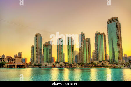 Sonnenuntergang in Downtown Dubai, Vereinigte Arabische Emirate Stockfoto