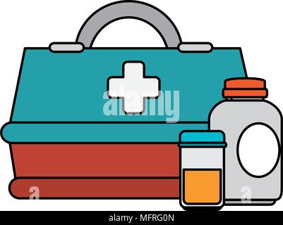 Medizinische Box mit Flaschen Drogen Vector Illustration Design Stock Vektor