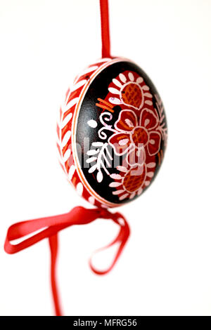 Traditionelle rote und schwarze Tschechische Osterei hängt an einem roten Band aus einem Zweig, das Ei ist schwarz mit roten Blumen Motiv. Gans ei Stockfoto