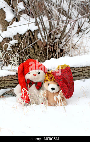 Zwei Teddybären Freunde im Schnee. Fatso Bear und Roten Panda zusammen sitzen im kalten Januar Schnee. Fatso trägt seine Cherry Red Santa stocking Cap und r Stockfoto