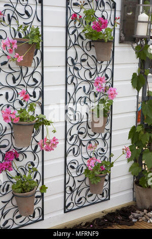 Rosa Blumen in der Wand montierten Töpfe an der TATTON PARK FLOWER SHOW Stockfoto