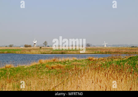 Eine Landschaft auf der Norfolk Broads mit zwei Windmühlen am Fluss Thurne bei Thurne, Norfolk, England, Vereinigtes Königreich, Europa. Stockfoto