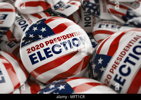 Closeup geschossen von einer Präsidentenwahl Taste im Mittelpunkt zwischen den vielen anderen Buttons in der Box. Selektiver Fokus mit geringer Tiefenschärfe. Stockfoto