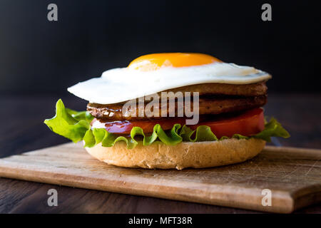 Hausgemachte Doppel Hamburger mit Ei, Salat und Tomaten. FastFood Konzept. Stockfoto