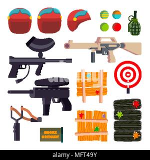 Paintball Icons Set Vektor. Paintball Spiel Zubehör. Waffe, Pistole, Helm, Granate, Schutz, Farbe. Isolierte flache Cartoon Illustration Stock Vektor