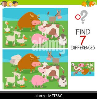 Cartoon Illustration des Findens Sieben Unterschiede zwischen Bilder pädagogische Tätigkeit Spiel für Kinder mit Nutztieren Stock Vektor