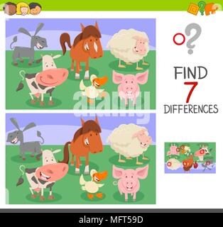 Cartoon Illustration des Findens Sieben Unterschiede zwischen Bilder pädagogische Tätigkeit Spiel für Kinder mit Farm Animal Zeichen Stock Vektor