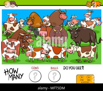 Cartoon Illustration von Bildungseinrichtungen zählen Spiel für Kinder mit Kühen und Stieren Bauernhof Tiere Zeichen Gruppe Stock Vektor