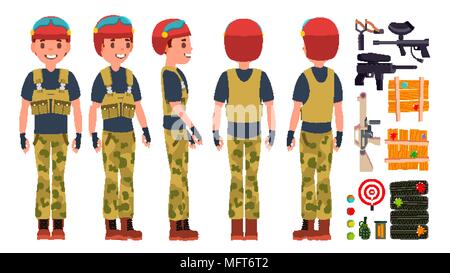 Paintball Spieler Vektor. Professionelle Gamer. Helle Flecken. Uniform. Wettbewerbe. Paintball Waffe. Man Paintball Spieler. Flache Cartoon Illustration Stock Vektor