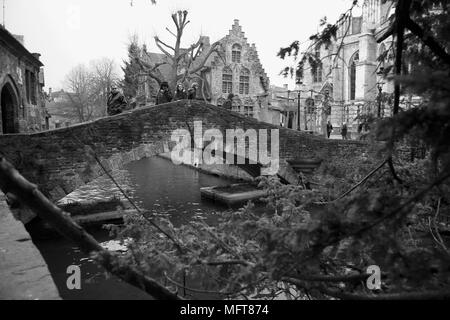 Bonifatius Bonifatiusbrug (Brücke): Eine alte Brücke über den Kanal Bakkersrei an der Ecke Hof Ārents (ārents Park), Brügge, Belgien: b/w Version Stockfoto