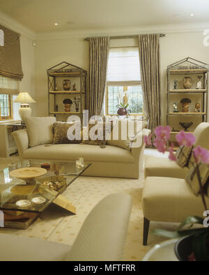 Drei stück Suite und Couchtisch aus Glas im Wohnzimmer mit Regalen und Windows. Stockfoto