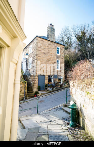 Shop vorne und Straße in Robin Hood's Bay, North Yorkshire, England, Großbritannien Stockfoto