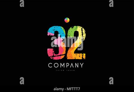 Nummer 32 logo Icon Design mit grunge Textur und Rainbow farbige Muster Stock Vektor