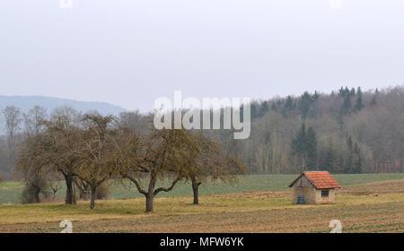 Kleine Hütte neben Obstgarten im Winter Landschaft Stockfoto