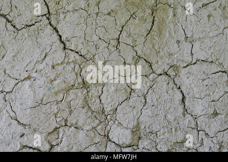 Dürre, dem Boden Risse, kein warmes Wasser, Mangel an Feuchtigkeit. Getrocknet und Risse im Boden. Oberfläche rissige, trockene Böden in Trockengebieten. Stockfoto