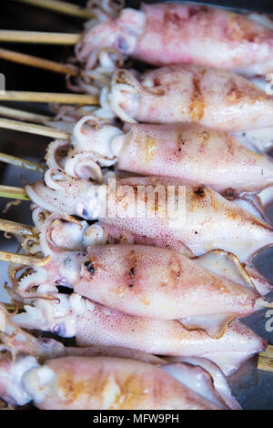 Baby squid Grillen an einem in der krabben Markt in Kep Dorf Stall, Kambodscha Stockfoto