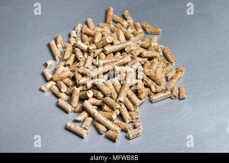 Holzpellets auf silbernem Hintergrund. Biokraftstoffe. Die Katzenstreu Stockfoto