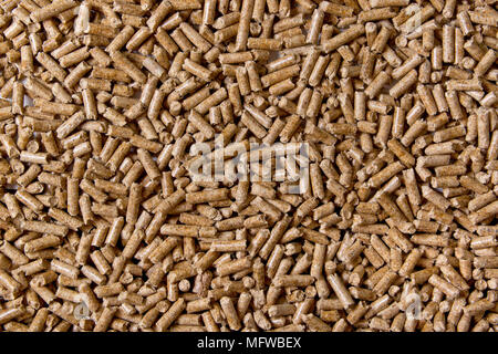 Biokraftstoffe. Alternative Biokraftstoffe aus Sägemehl. Holzpellets Hintergrund. Die katzenstreu. Stockfoto