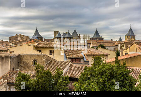 Blick auf die mittelalterliche Stadt Carcassonne - Frankreich Stockfoto
