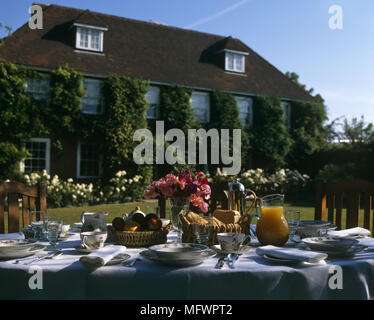 Tabelle mit Einstellungen im Garten des Landhauses in Laub abgedeckt Stockfoto