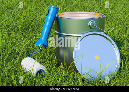 Kann mit Farbe und Pinsel in das grüne Gras, 3D-Rendering Stockfoto