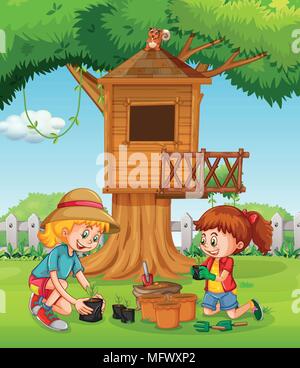 Mädchen Pflanzen neben Tree House Abbildung Stock Vektor