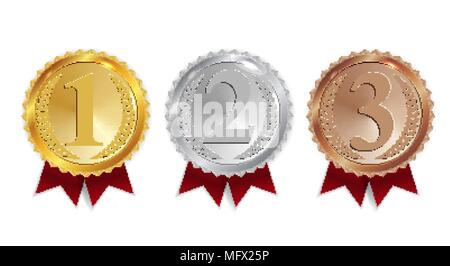Champion Gold-, Silber- und Bronzemedaille mit Red Ribbon Symbol unterzeichnen ersten, dritten Platz Secondand Sammlung isoliert auf weißem Hintergrund. Vector Illustration Stock Vektor