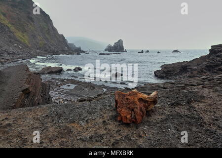 Felsen in einer Bucht an der W. von Gaztelugatxe islet-San Juan Einsiedelei auf der Oberseite - Spanien. s Baskenland - real life Lage mit in TV-Serien Spiel der Thro Stockfoto