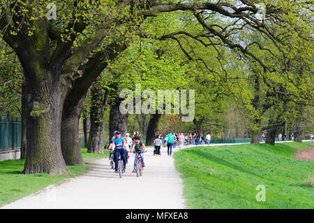 Viele Menschen Reiten Fahrräder und entspannen in Wroclaw, Polen, April 2018 Stockfoto